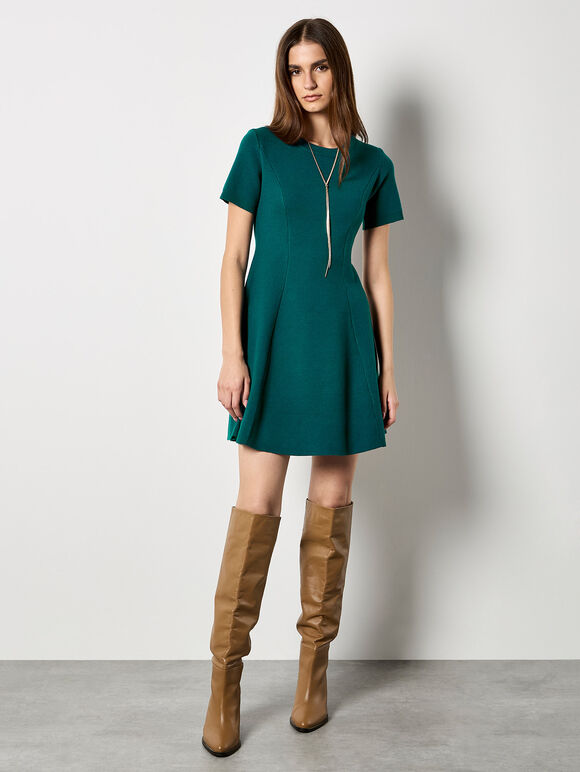 Panel Knitted A-Line Mini Dress, Teal, large