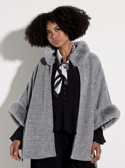 Faux Fur Trim Tweed Cape