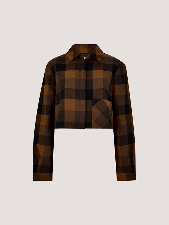 Check Print Cropped Shirt, Brown, large