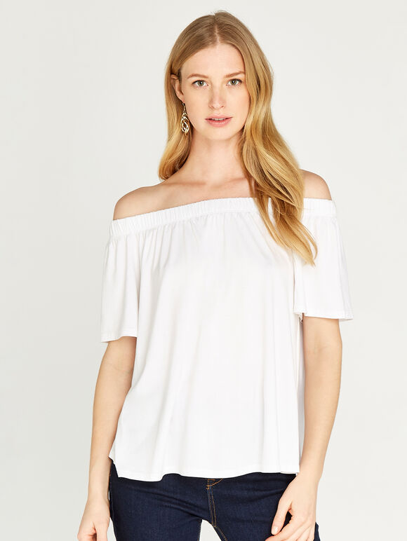 Elasticated Bardot Jersey Top, White, large