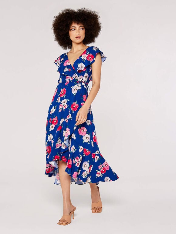 Floral Wrap Midi Dress, Blue, large
