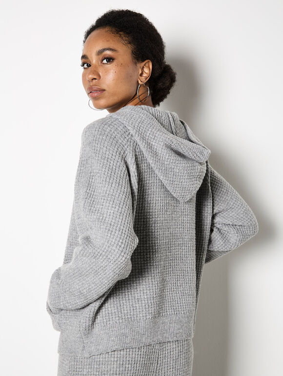 Waffle Knit Hooded Jumper, Grey, large