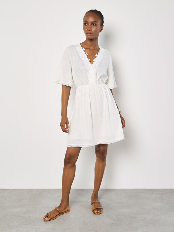 Daisy Lace Front Mini Dress, White, large