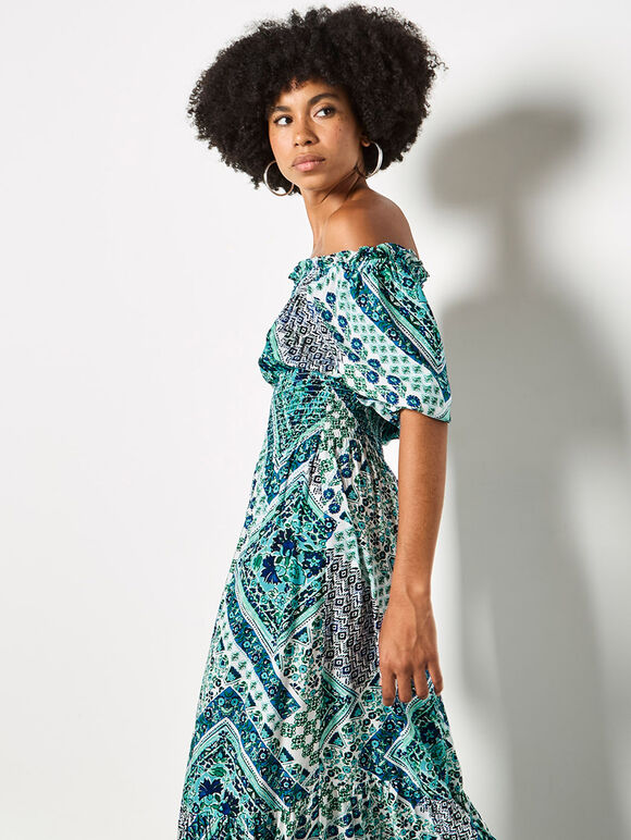 Boho Folk Print Maxi Dress, Blue, large