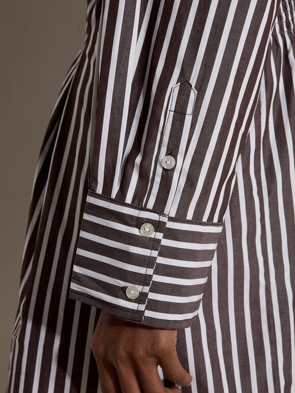 Stripe Shirt Cotton Mini Dress, Brown, large