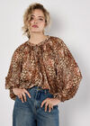 Patchwork Feather Print Chiffon Top, Red, large