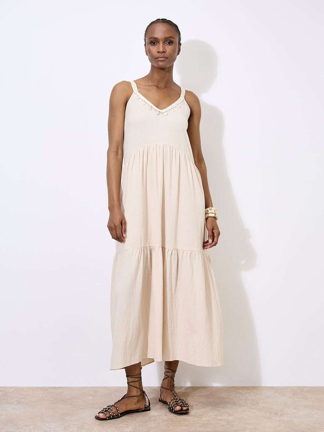 Bead Embellished Cotton Midaxi Dress