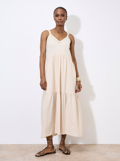 Bead Embellished Cotton Midaxi Dress