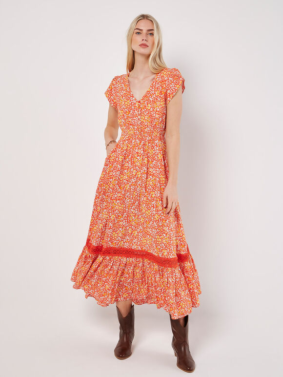 Maxikleid mit Blümchenmuster, Orange, Größe L