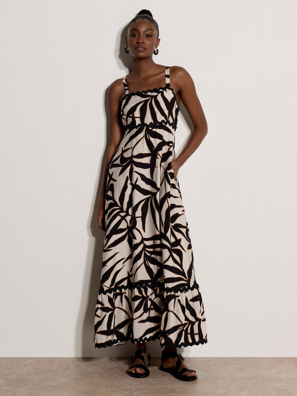 Leaf Silhouette Ric Rac Trim Maxi Dress, Stone, large