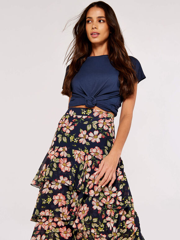 Floral Chiffon Midi Skirt, Navy, large