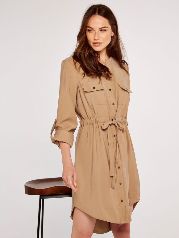 Tie Front Shirt Dress, Stone, large