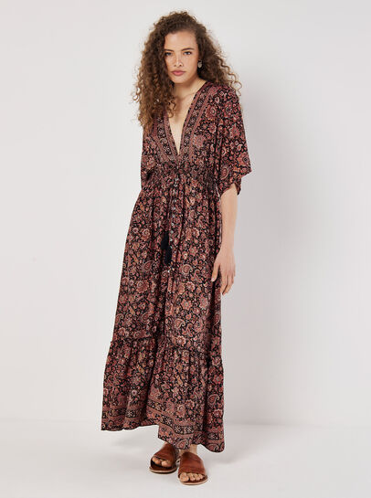 Foil Floral Paisley Satin Maxi Dress