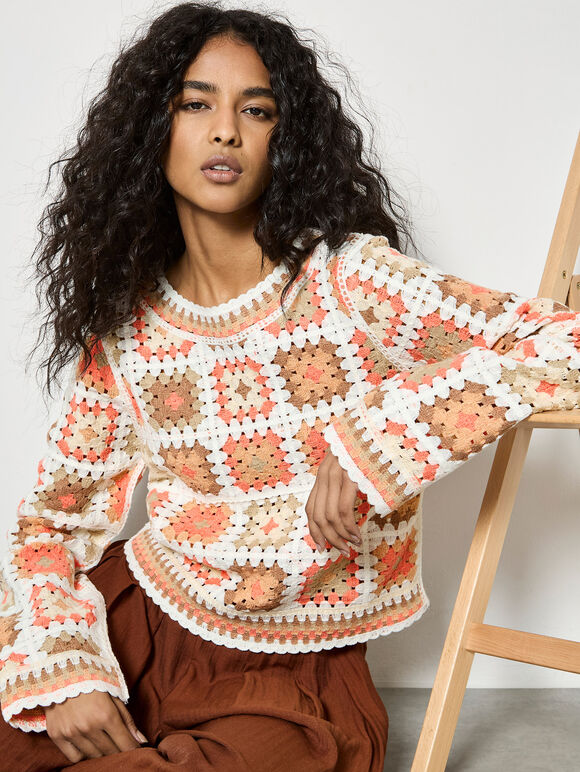 Pastel Crochet Squares Jumper, Coral, large