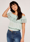 Off Shoulder Broderie Shirred Top, Mint, large