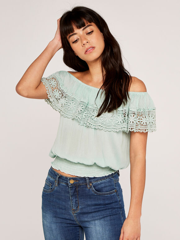 Off Shoulder Broderie Shirred Top, Mint, large