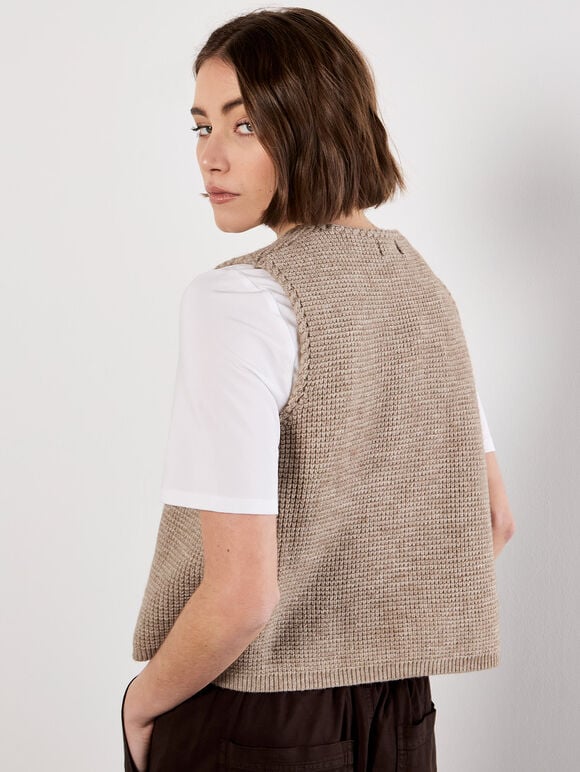 Scallop Edge Waffle Knit Waistcoat, Brown, large
