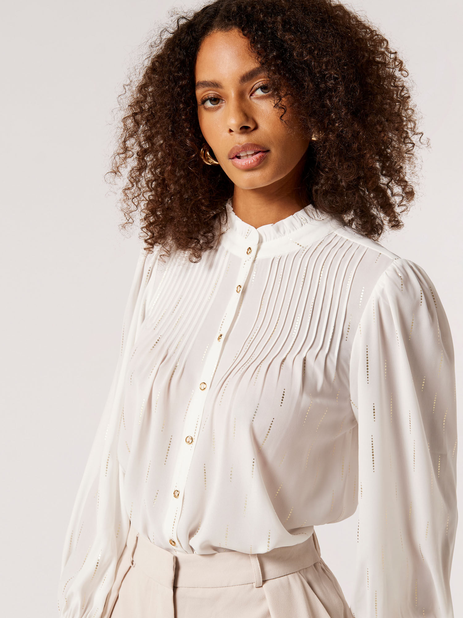 Pintuck Pleat Gold Foil Chiffon Blouse Apricot Clothing