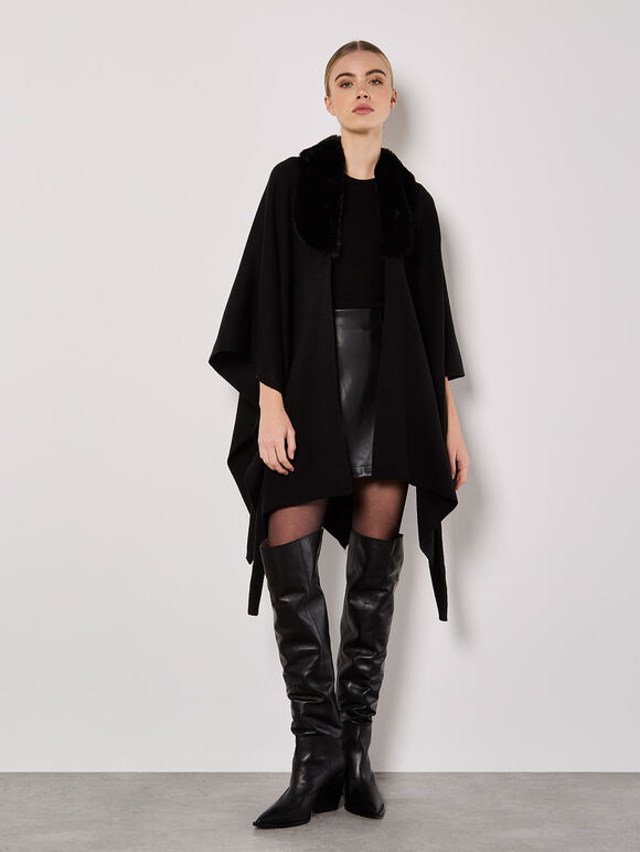 Faux Fur Collar Poncho, Black, large