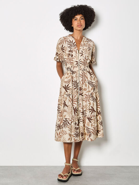 Tropical Leaf Zip-Down Midi Dress, Stone, large