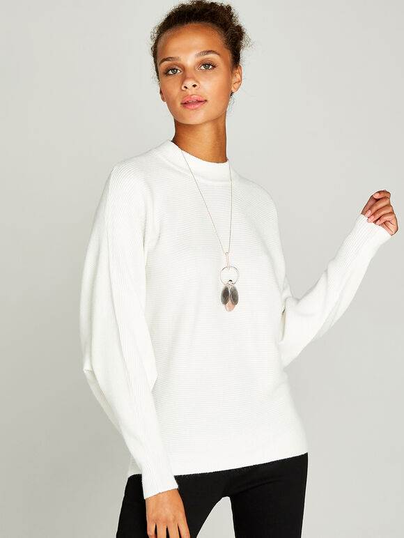 Ribbed Batwing Jumper, Cream, large