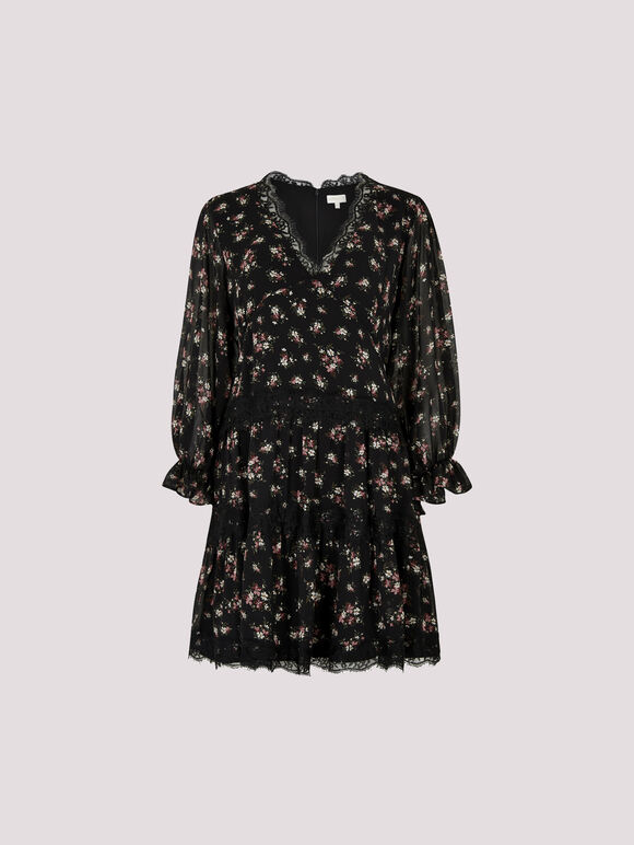 Vintage Floral Lace Tiered Mini Dress, Black, large