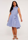 Curve Pinstripe Button Tie Waist Dress, Blue, large