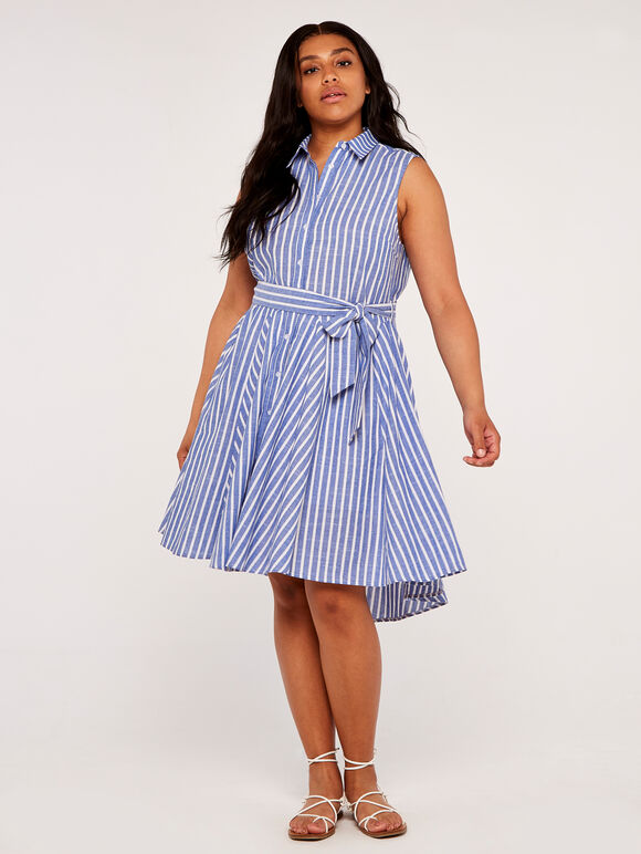 Curve Pinstripe Button Tie Waist Dress, Blue, large