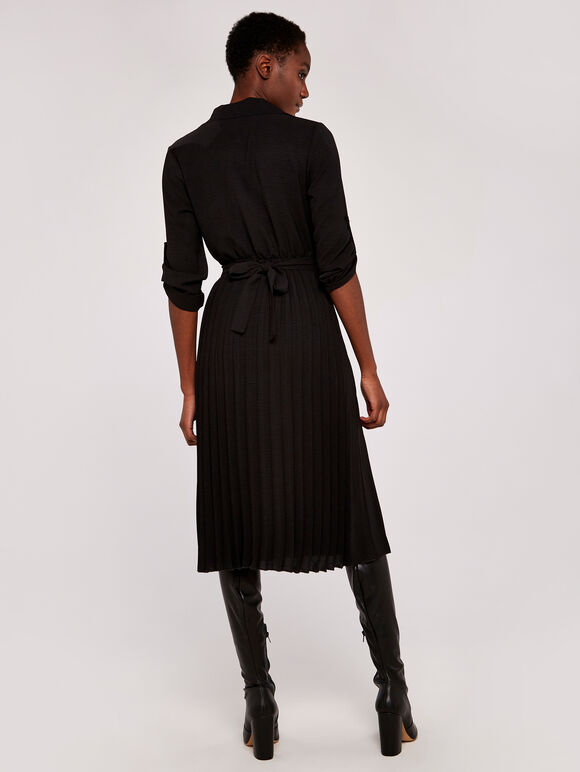Circles Belt Pleated Midi Dress, Black, large