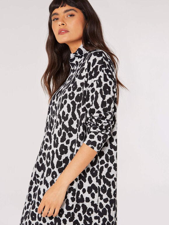 Cheetah Mock Neck Mini Dress, Grey, large