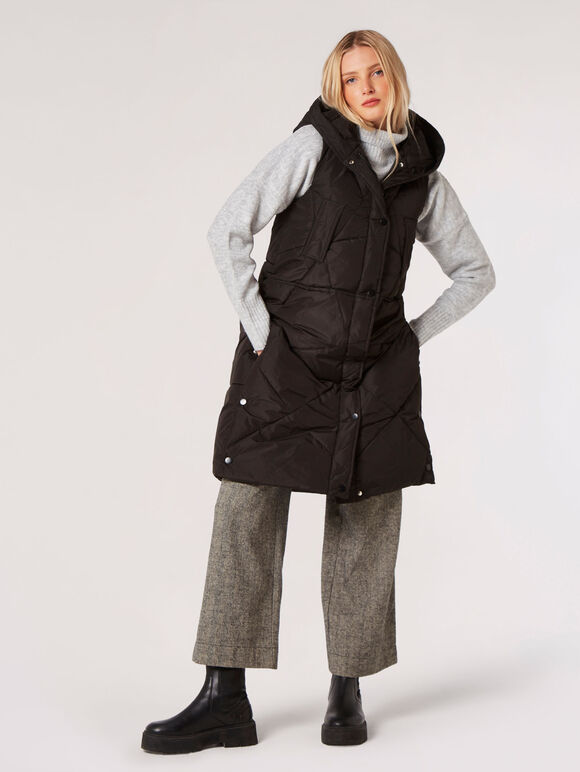 Longline Puffer Gilet, Black, large