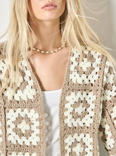 Hand-Knit Crochet Squares Cardigan