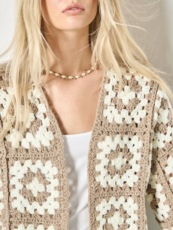 Hand-Knit Crochet Squares Cardigan, Brown, large