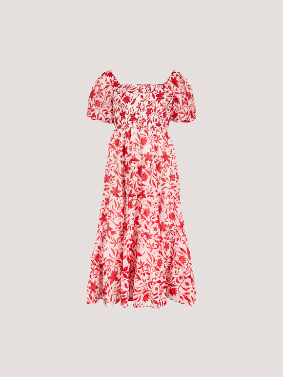 Sarasa Floral Tiered Midi Dress, Cream, large