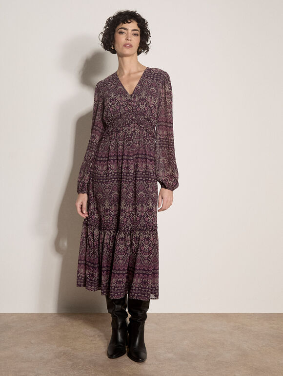 Floral Print Ruffle Midi Dress, Purple, large