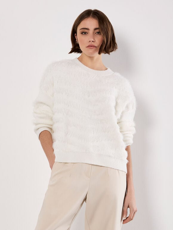 Fluffy Stripe Jumper, White, large