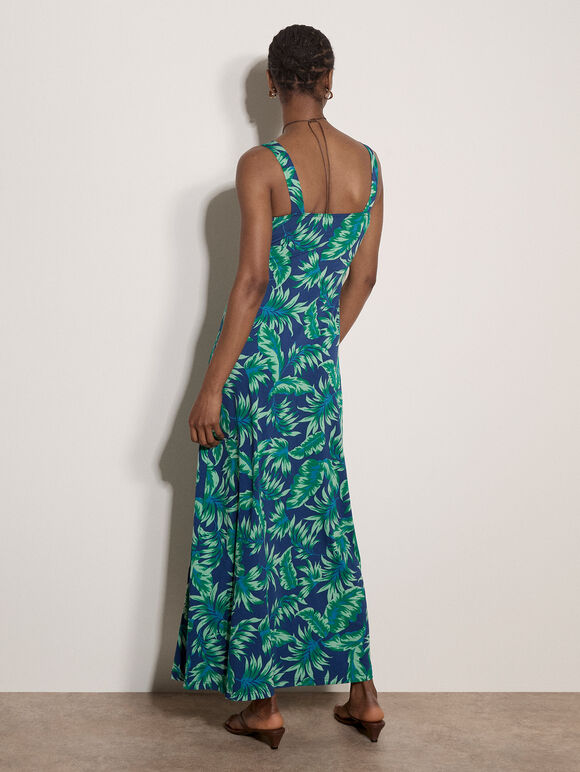 Tropical Leaf Jersey Maxi Dress, Blue, large