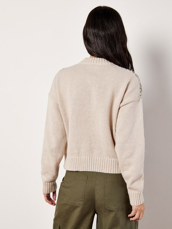 Crochet Stripes Panel Jumper, Stone, large