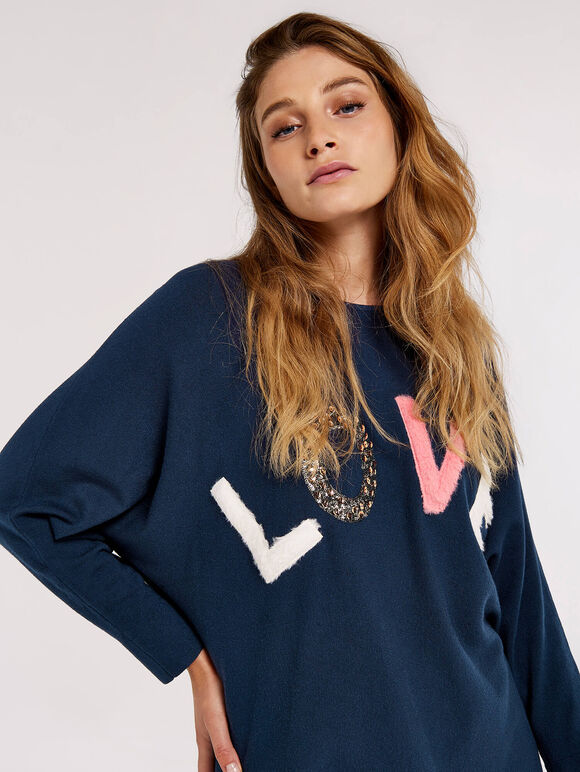 Sequin Love Jumper, Navy, large