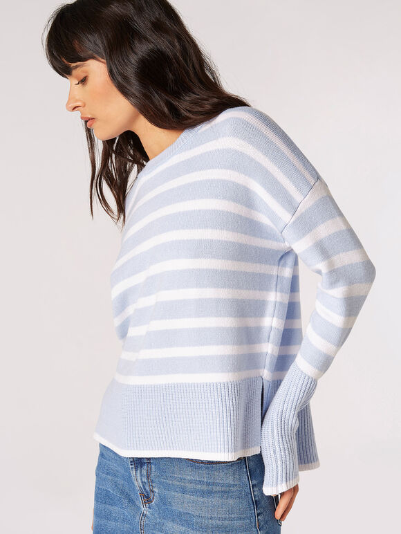 Gestreifter Strickpullover mit geteiltem Saum, Blau, Größe L