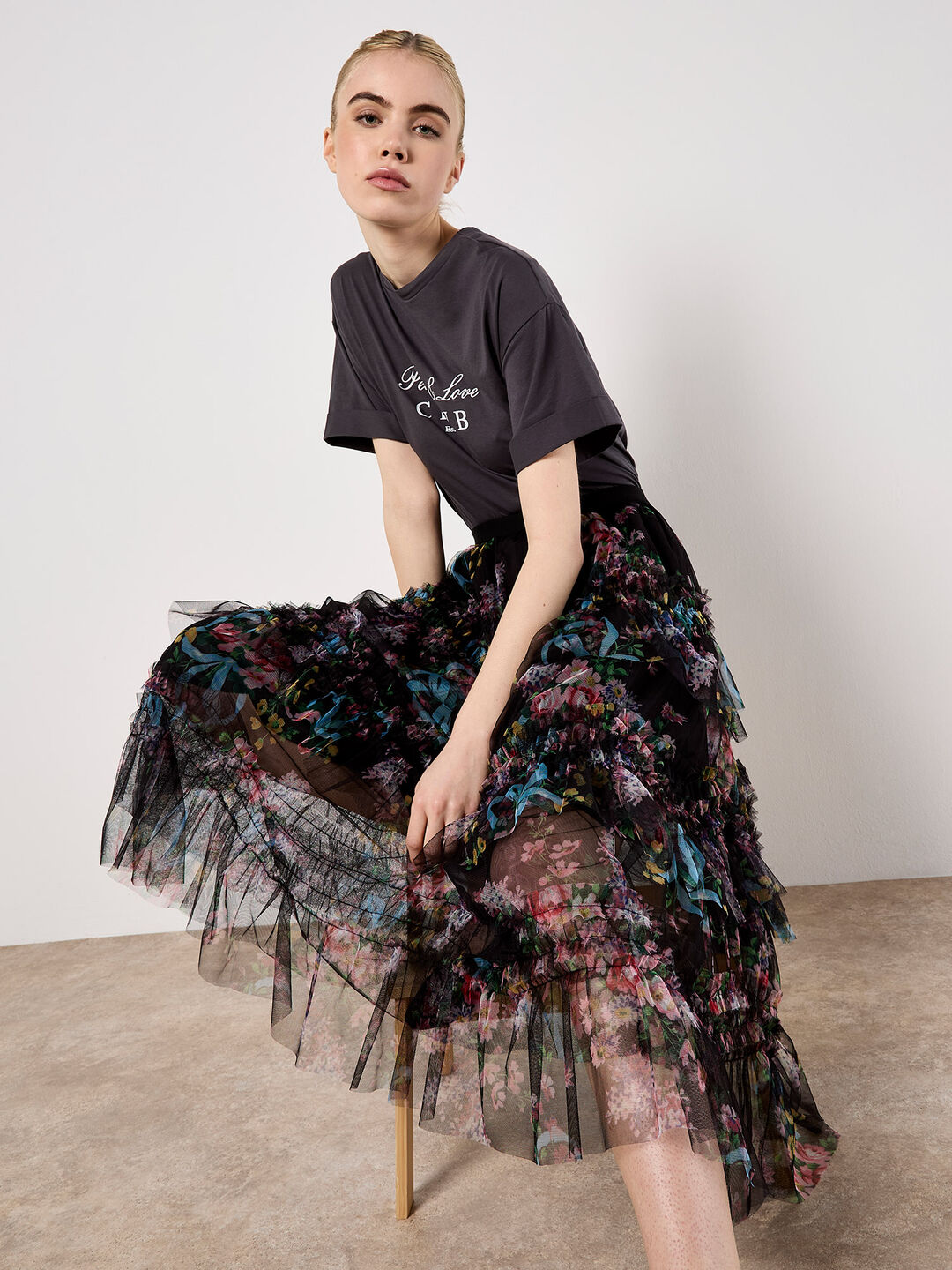 Floral Tiered Tulle Midi Skirt