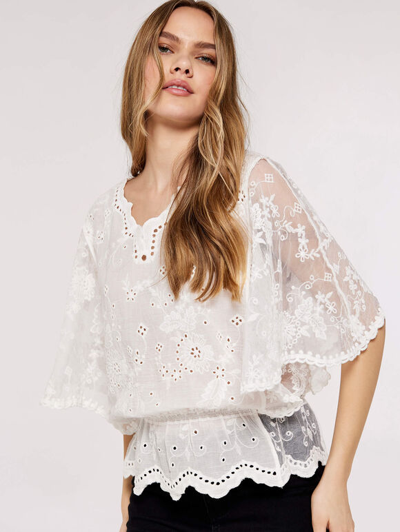 Floral Broderie Batwing Top, White, large
