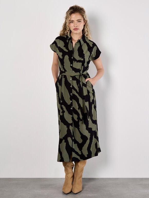 Zebra Print Shirt Midi Dress, Khaki, large