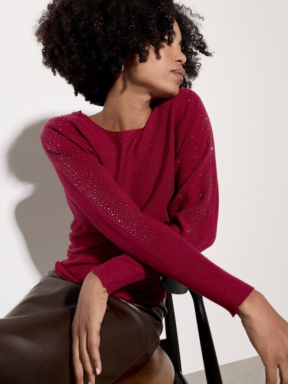 Diamante Ribbed Batwing Jumper, Burgundy, large