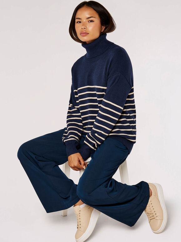 Striped Roll Neck Jumper, Navy, large