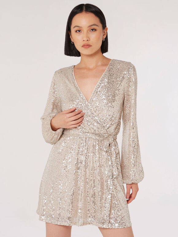 Sequin Wrap Mini Dress, Silver, large