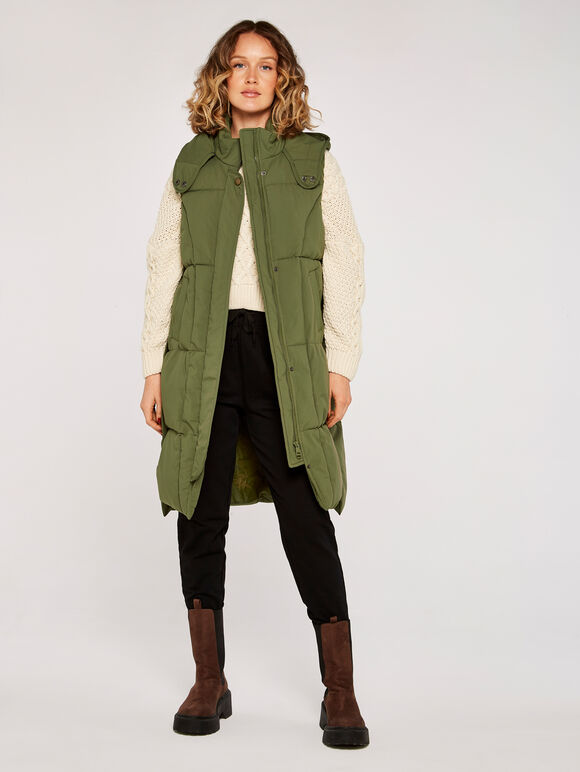 Button Longline Puffer Gilet, Khaki, large