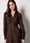 Animal Print Ruched Shirt Midi Dress, Brown, large