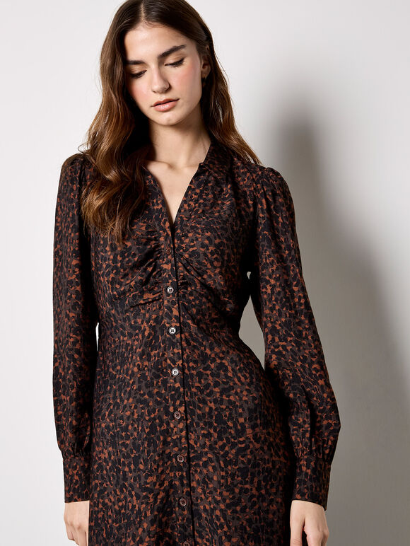 Animal Print Ruched Shirt Midi Dress, Brown, large