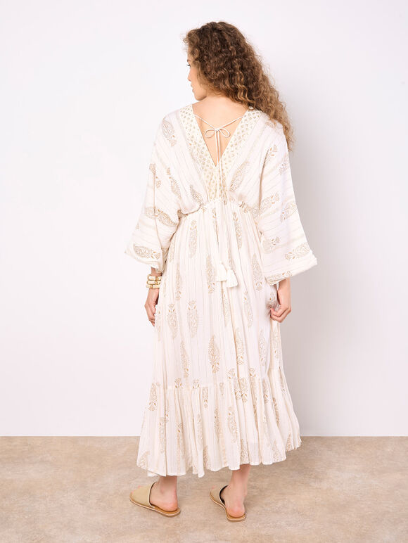 Gold Shimmer Paisley Midi Dress, Cream, large